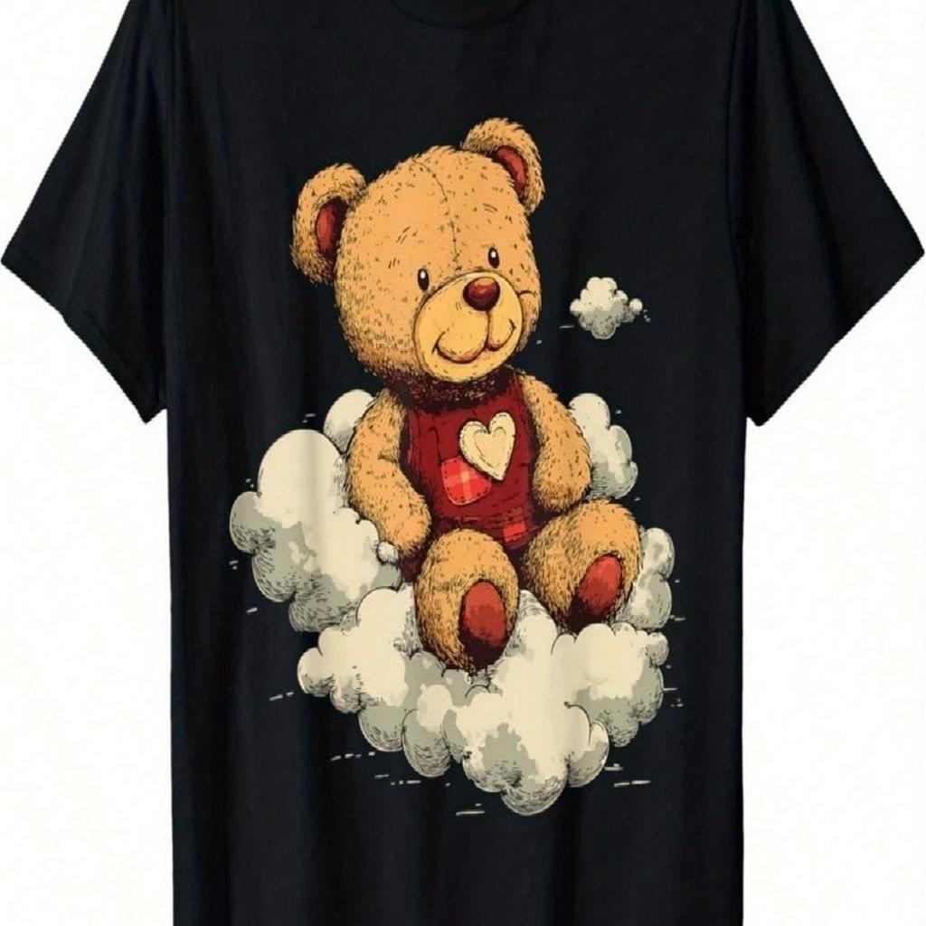 Teddy Bear On Clouds Graphic Tee Cute Animal Print Mens Casual Round Neck Tshirt