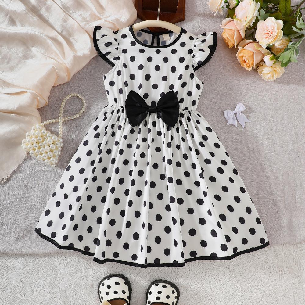 Girls  Fashionable Polka Dot Printed Dress - Summer Children s Princess Bow Tie Dress 2-3Y