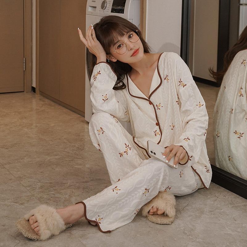 Herbst Koreanische Frauen Pyjamas Süße Nachtwäsche Prinzessin Homewear Rüschen Lange-Ärmeln Bequeme Loungewear Zwei-stück Set Homewear
