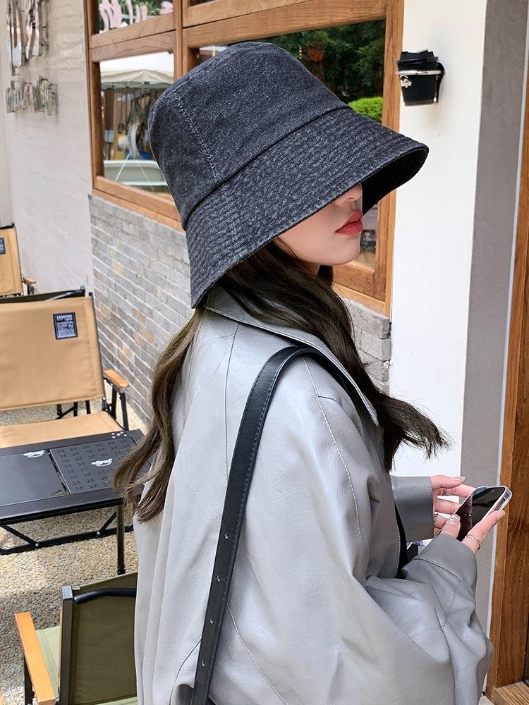Bucket hat women's black sunscreen hat autumn and winter versatile autumn and winter bucket hat trendy face covering cowboy hat basin hat