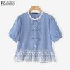 ZANZEA Women Summer Round Neck Lace Patchwork Plaid Casual Ruffled Blouse