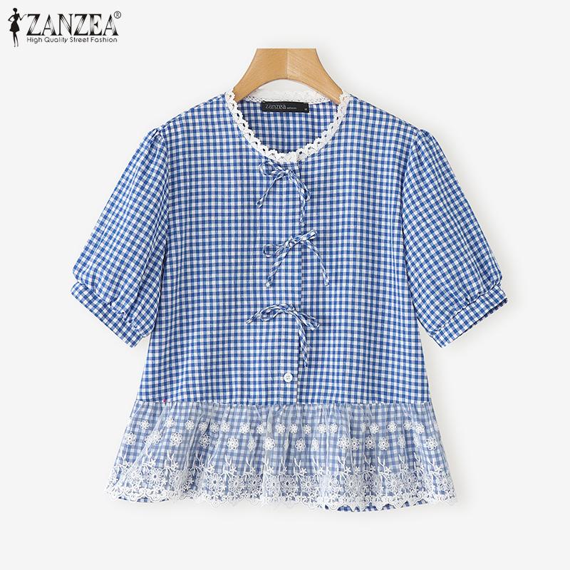 ZANZEA Women Summer Round Neck Lace Patchwork Plaid Casual Ruffled Blouse