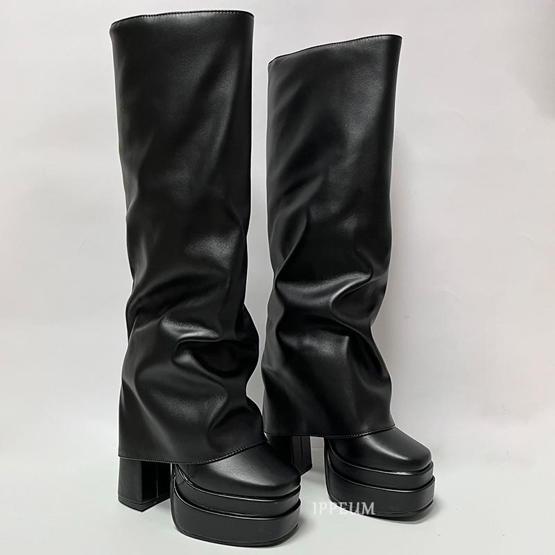 Fashion IPPEUM Fold Over Boots Women Orange Hot Pink Block Heel Knee High Plus Size 43 Platform Shoes y2k botas plataforma mujer