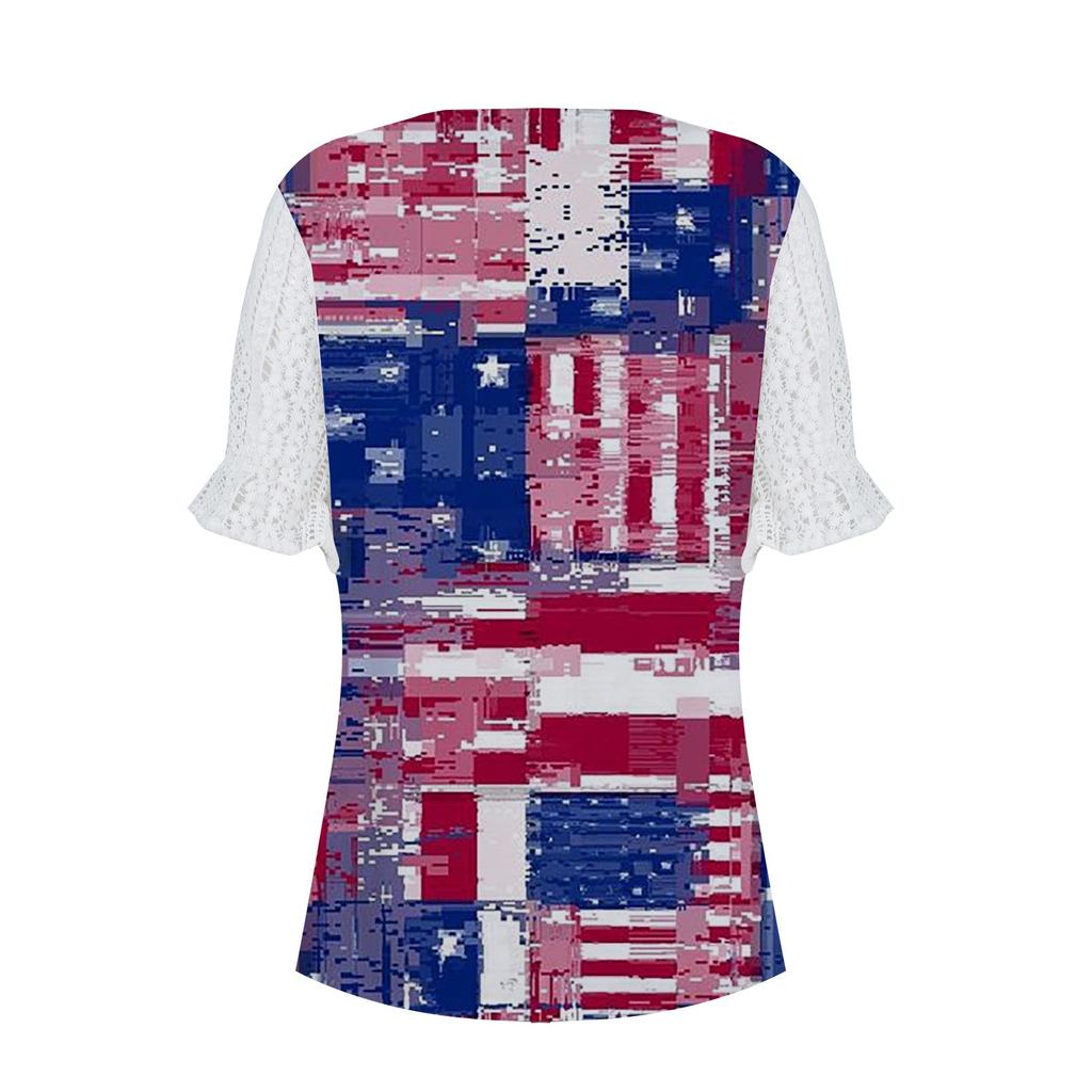 Women Outfits Summer Casual Beach Cover Up Loose Vintage Independence Day Print Chiffon Short Shirt Hide Belly Tunic Tops