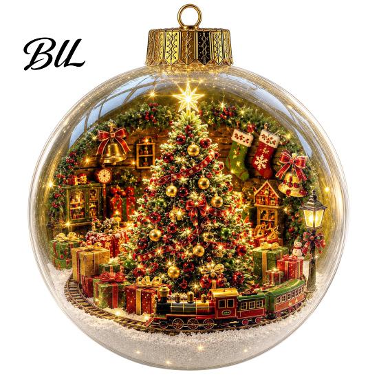 Winter Holiday Hanging Pendants Christmas Tree Crystal Ball Pendant with LED Light, Built-in Christmas-themed Ornaments Pattern Design, Acrylic
