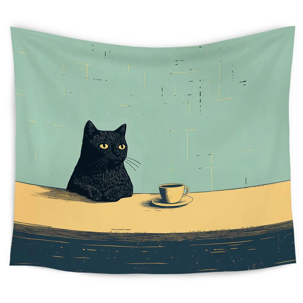 Cute Black Cat Art Painting Tapestry, Aesthetic Black Cats Decor, Vintage Cat Tapestry Wall Hanging For Room Bedroom Living