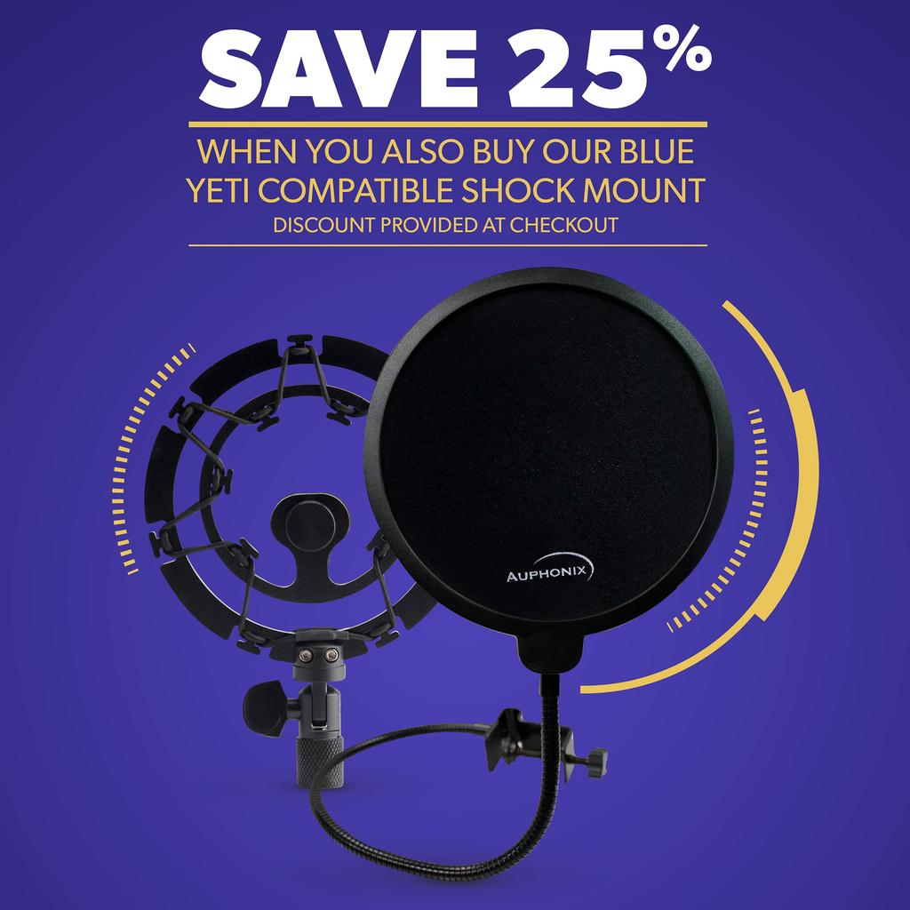 Auphonix Pop Filter for Blue Yeti Microphones, Flat Design, Double-Layered [A US Huge Seller], Authentic Pop Blocker, Double Screen Mesh