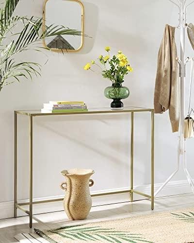 Console Table, Tempered Glass Table, Modern Sofa or Hall Table, Metal Frame, Solid Adjustable Legs, D