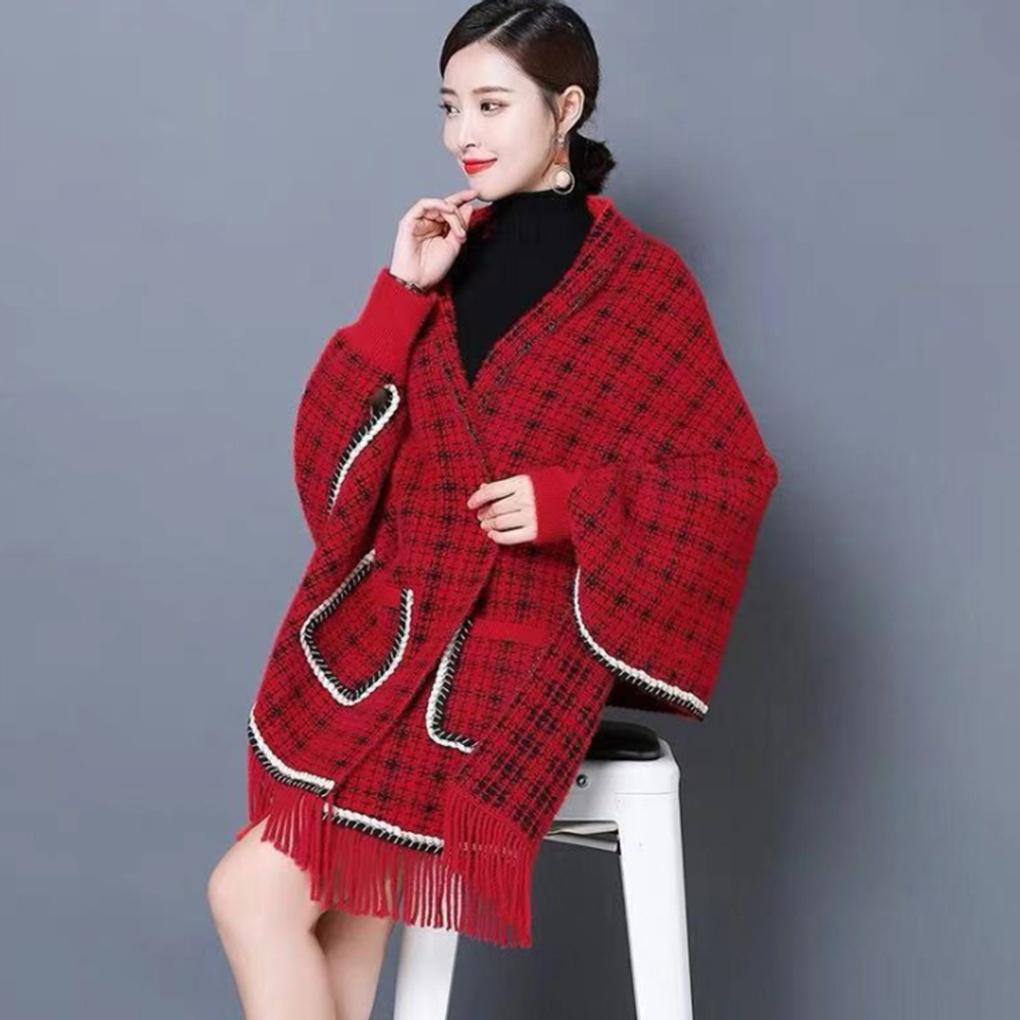 Cashmere Women's Tweed Pocket Cardigan Cloak Shawl Cape