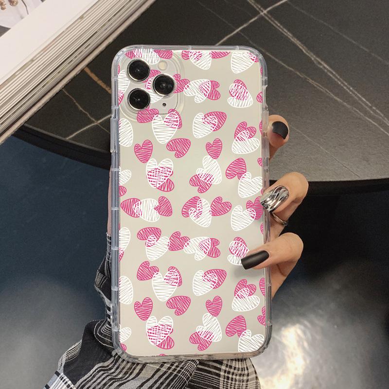 Cute Black White Love Heart Shockproof Phone Case For iPhone 16 14 15 13 Pro Max 12Mini 11 XR XS 7 8Plus Clear Soft Cover Fundas