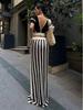 Trendy European-American Women's Sexy V-Neck Striped Knit Long Dress Set
