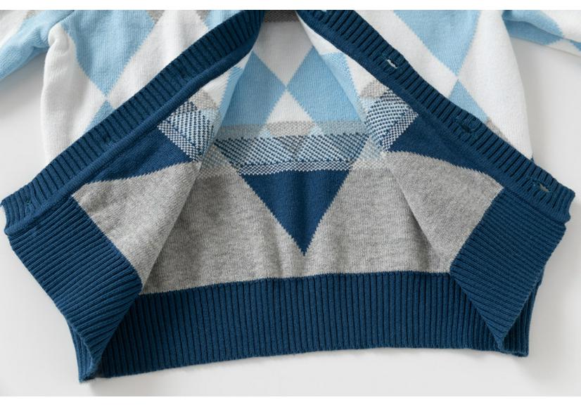 Boys' Double-Layer Cotton Yarn Knit Cardigan with Diamond Pattern - V-Neck New Style