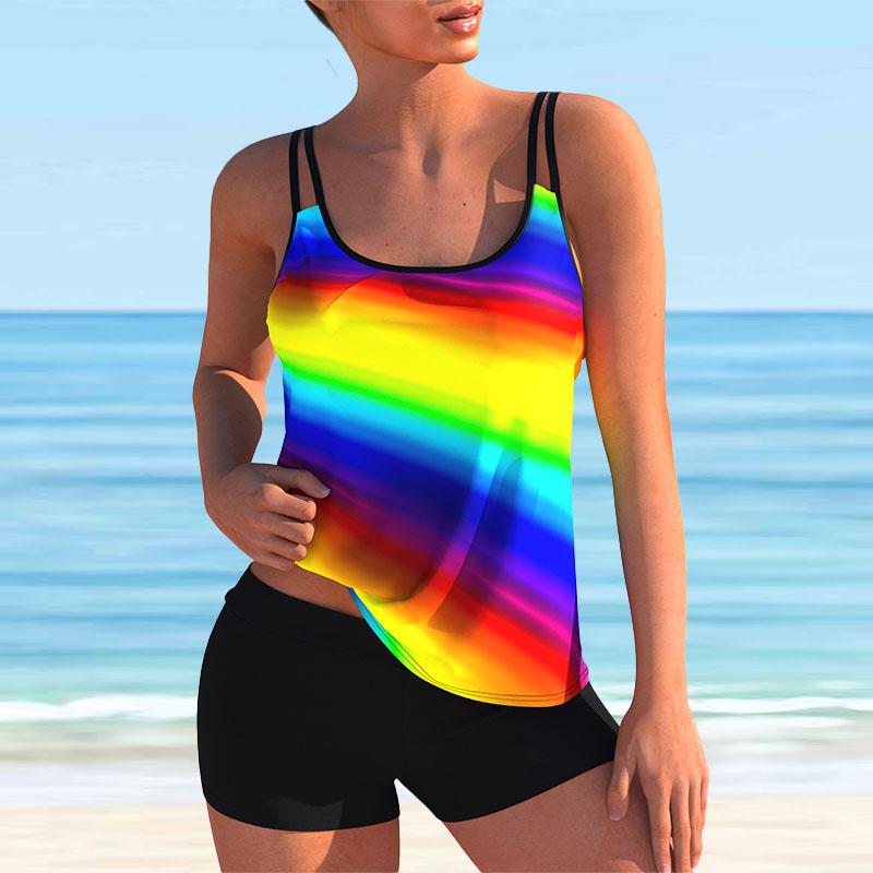 Women's Shoulder Strap Swimsuit Tooth Stripes Print Bikini Tankini Swimsuit
