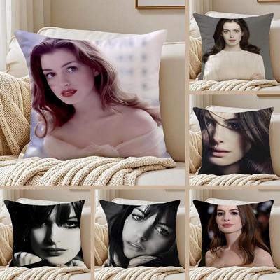 Attractive Actress AAnne Hathaway Cushion Cover Pillowcase Antidustmite Invisible Zipper Short Plush Sofa Cushion