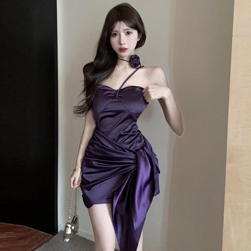 

2025 мода новая женская одежда сексуальное платье с цветочным вырезом в складку темперамент тонкое платье L