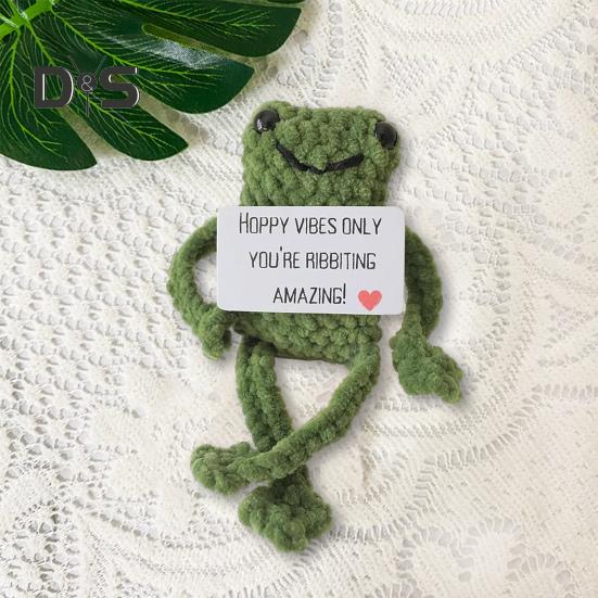 Positive Crochet Frog Doll with Encouraging Card Emotional Support Handmade Knitting Animal Decoration Ornament Stress Relief Toy
