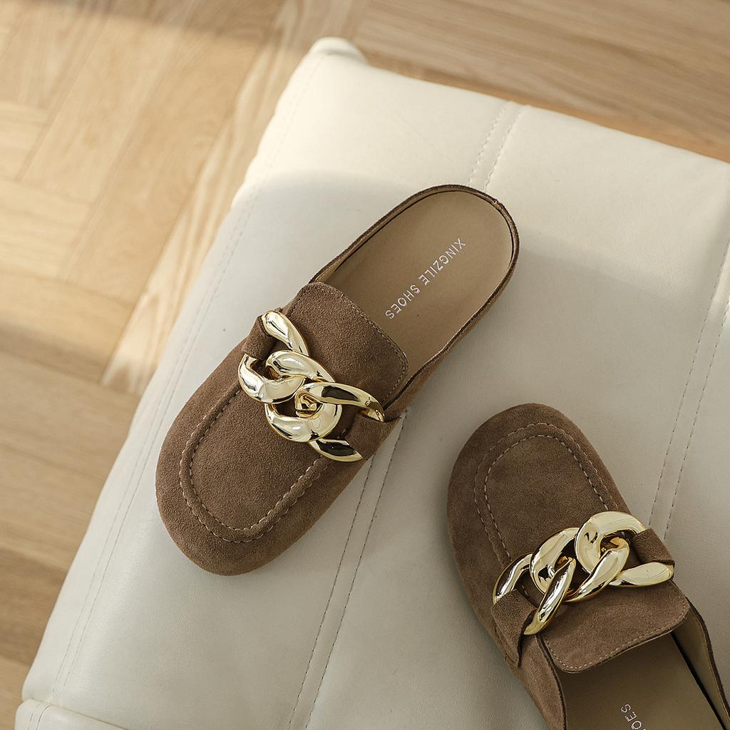 Leather Cowhide Boken Women's Shoes Inner Heightening Platform Slippers Flat Fishing Large Chain Buckle Boken Shoes Bag Head Half Slippers