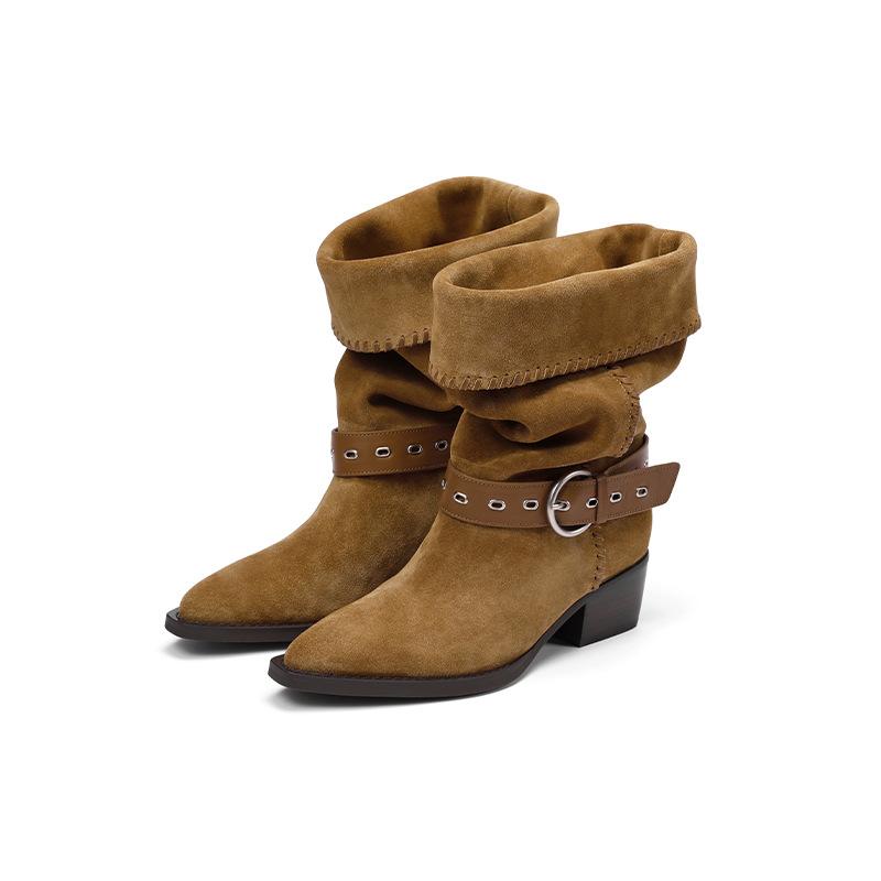 

Retro mid-tube pointed boots 2025 autumn and winter new solid color knight short boots mid-heel pleated western cowboy stacking boots 35