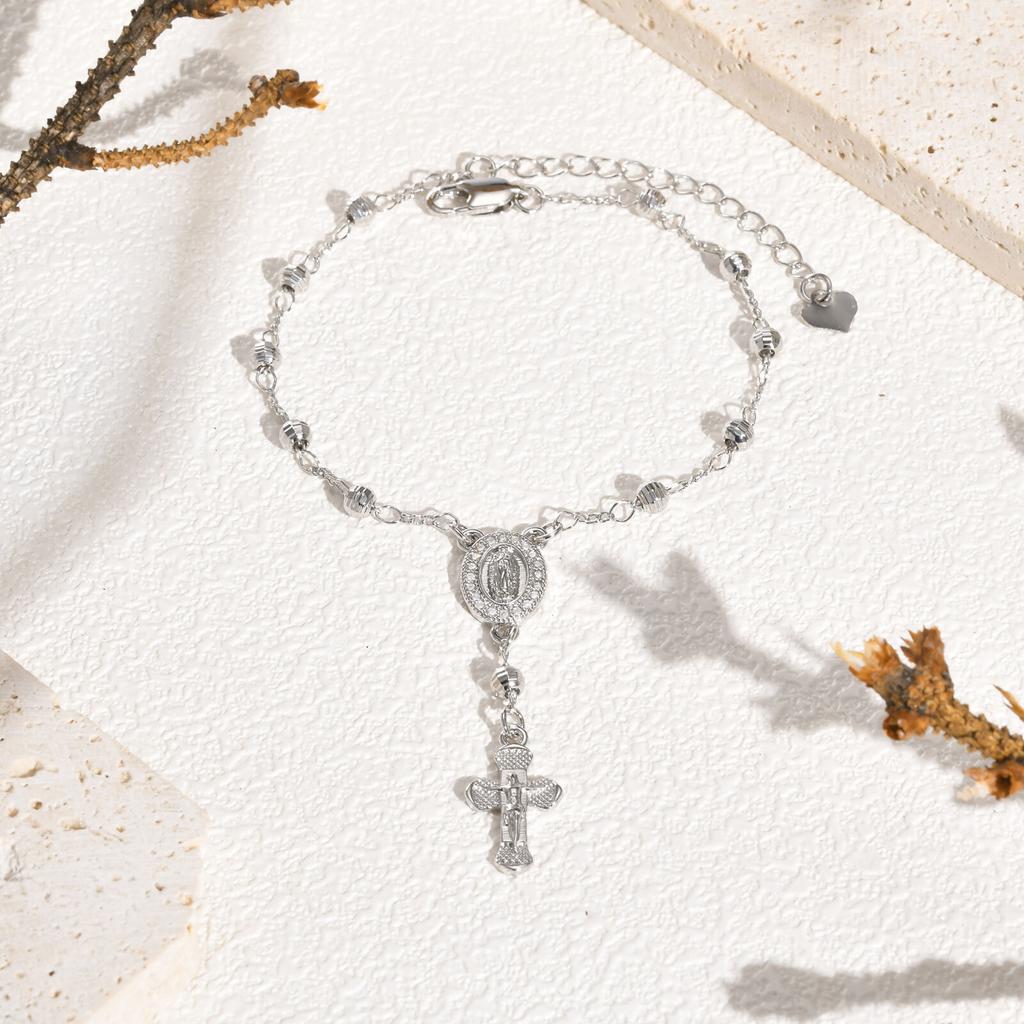 Vnox Virgin Mary Bracelets For Women,White Gold Plated Jesus Christ Charm Cross Pendant Bracelet, Religon Faith Church Jewelry