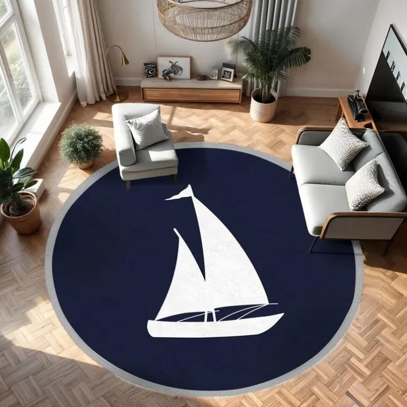 Nautical Navy Blue Anchor Pattern Round Rug Soft Non-Slip Floor Mat Vintage White Anchor Rope Circle Design Carpet for Bedroom