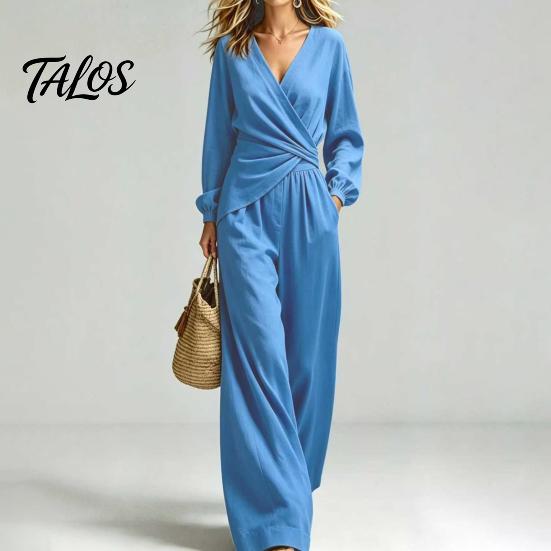 Lässiges Damen-Outfit, Damen-Langarm-2-Teiler-Sets, Oberteil mit unregelmäßigem Saum und V-Ausschnitt, Anzug aus Polyesterfaser und passende Wide-Leg-Hosen für Reise und Urlaub
