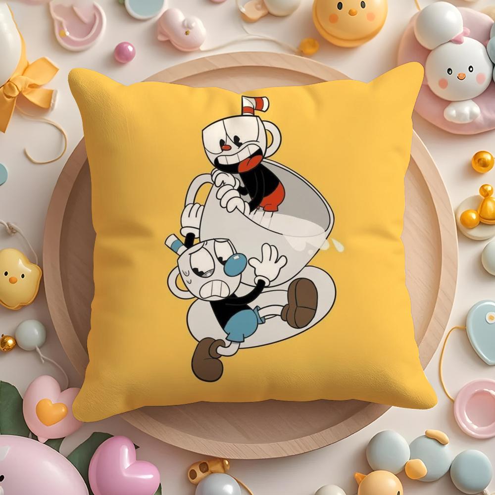 Classic Cute Game C-Cuphead Cushion Cover Plush Fabric Soft Double-Sided Printed Sofa Pillow Case Colorfast Home Decor Gift
