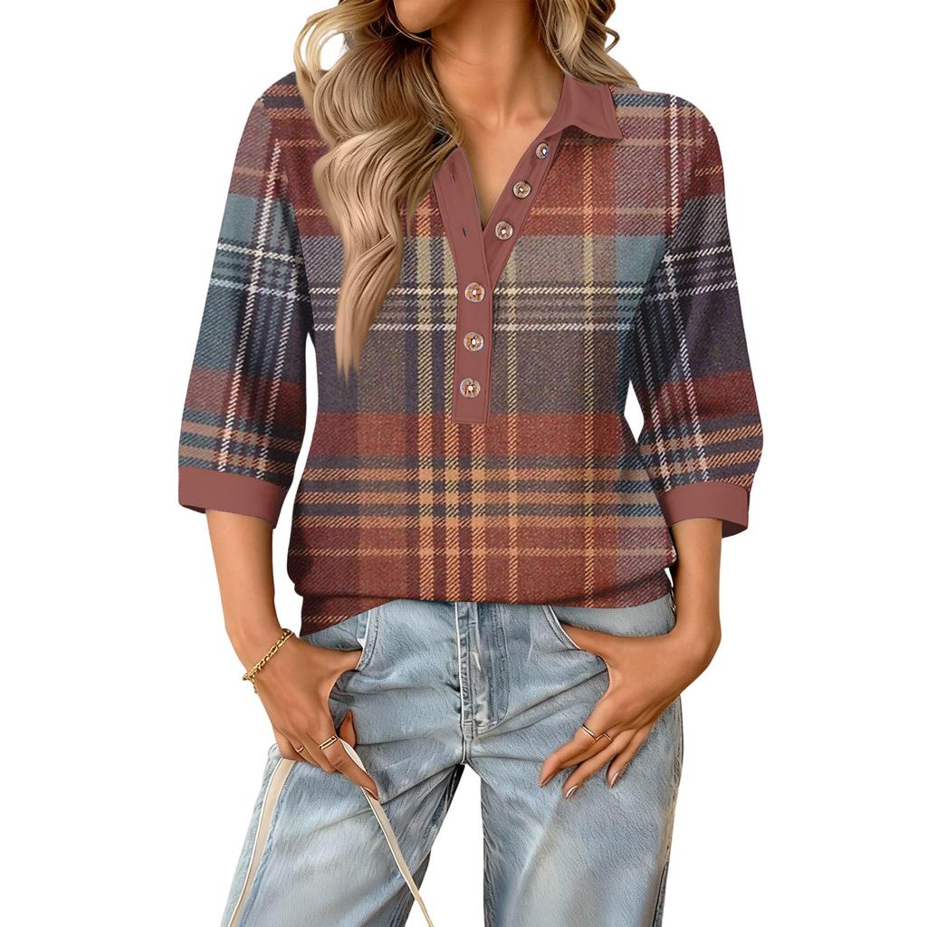 Women's fashionable and casual summer V-neck patchwork three-quarter sleeve plaid print top