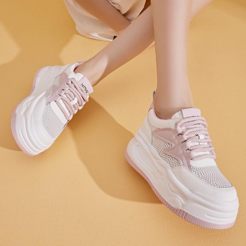 Women's Spring and Summer Women's Sneakers Sports Thick-soled Casual Dad Shoes Mesh Breathable Inner Height-enhancing White Shoes