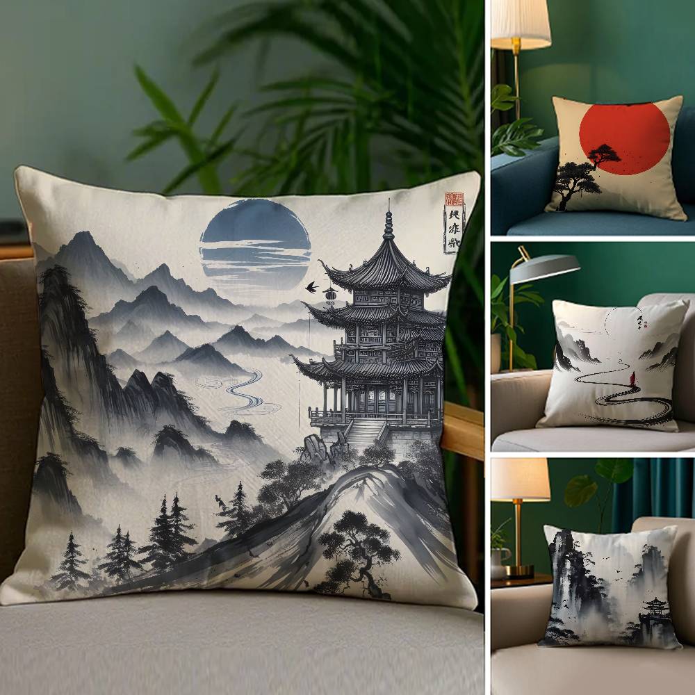Chinese Ink Painting Style Pillow Case Plush Fabric Soft Double Sided Print Home Sofa High Quality Cushion Cover Throw