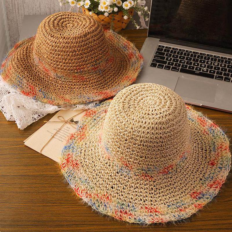 Summer Colorful Woven Straw Hat For Seaside Vacation Breathable Hollow Out Large Brim Uv Resistant Sun Hat