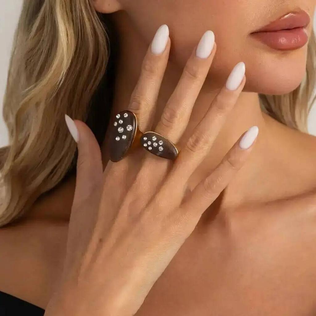 SHIXIN 2Pcs/Set Vintage Brown Resin Open Ring Simple Punk Inlay Rhinestone Daily Fashion Elegant Couple Jewelry Accessories Gift