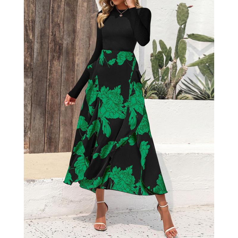 Women's Floral Print A-Line Dress Long Sleeve Crew Neck Midi Dress