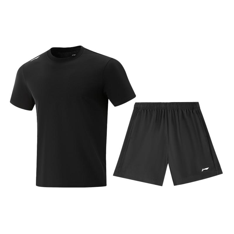 Li-Ning Summer Quick-Dry Short Sleeve T-Shirt Comfortable Breathable Fitness Shorts Casual Sports Set Men Activewear Black ATSV597-2+AKSU923-1