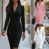 Women's Fashion V-Neck Fitted Solid-Colour Long-Sleeved Dress