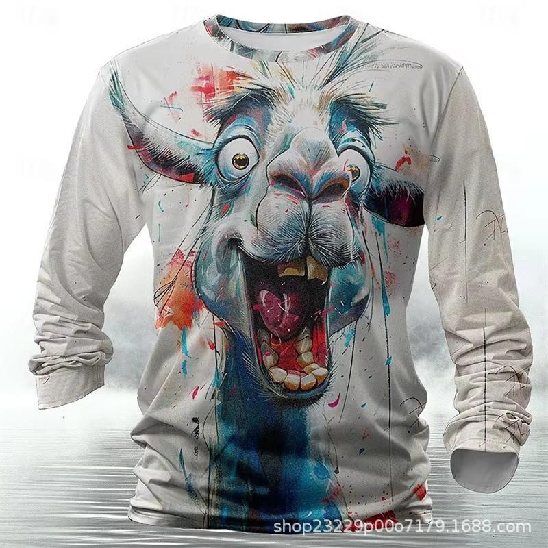 Mens Long Sleeve T Shirt Cartoon Animal Print Casual Loose Fit Round Neck Tee Teens