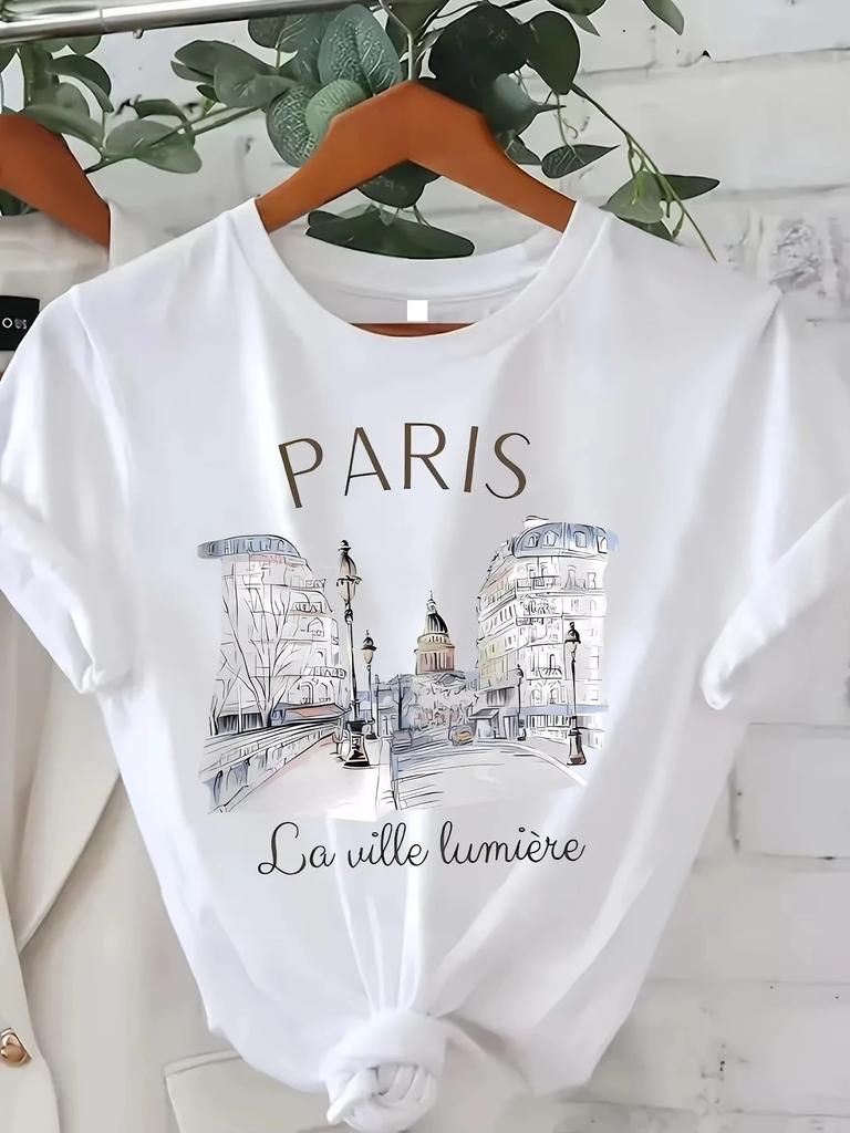 Vintage Elegant O-neck Short Sleeved 2D T-shirt Paris Tower Printed Top High-quality Comfortable And Minimalist Women's Clothing