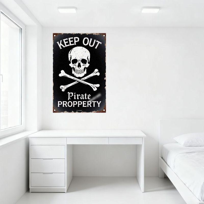Vintage Weathered Skull Crossbones 'KEEP OUT PIRATE PROPERTY' Metal Tin Sign for Bar Man Cave Home Decor, Rustic Aged Black Meta