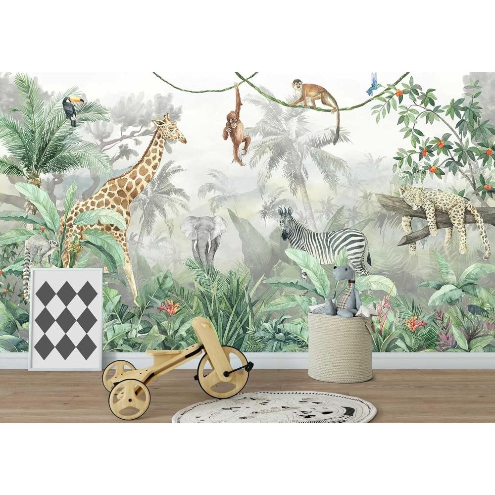 Jungle Animal Wall Mural Watercolor Tropical Wallpaper for Bedroom Wall Decor