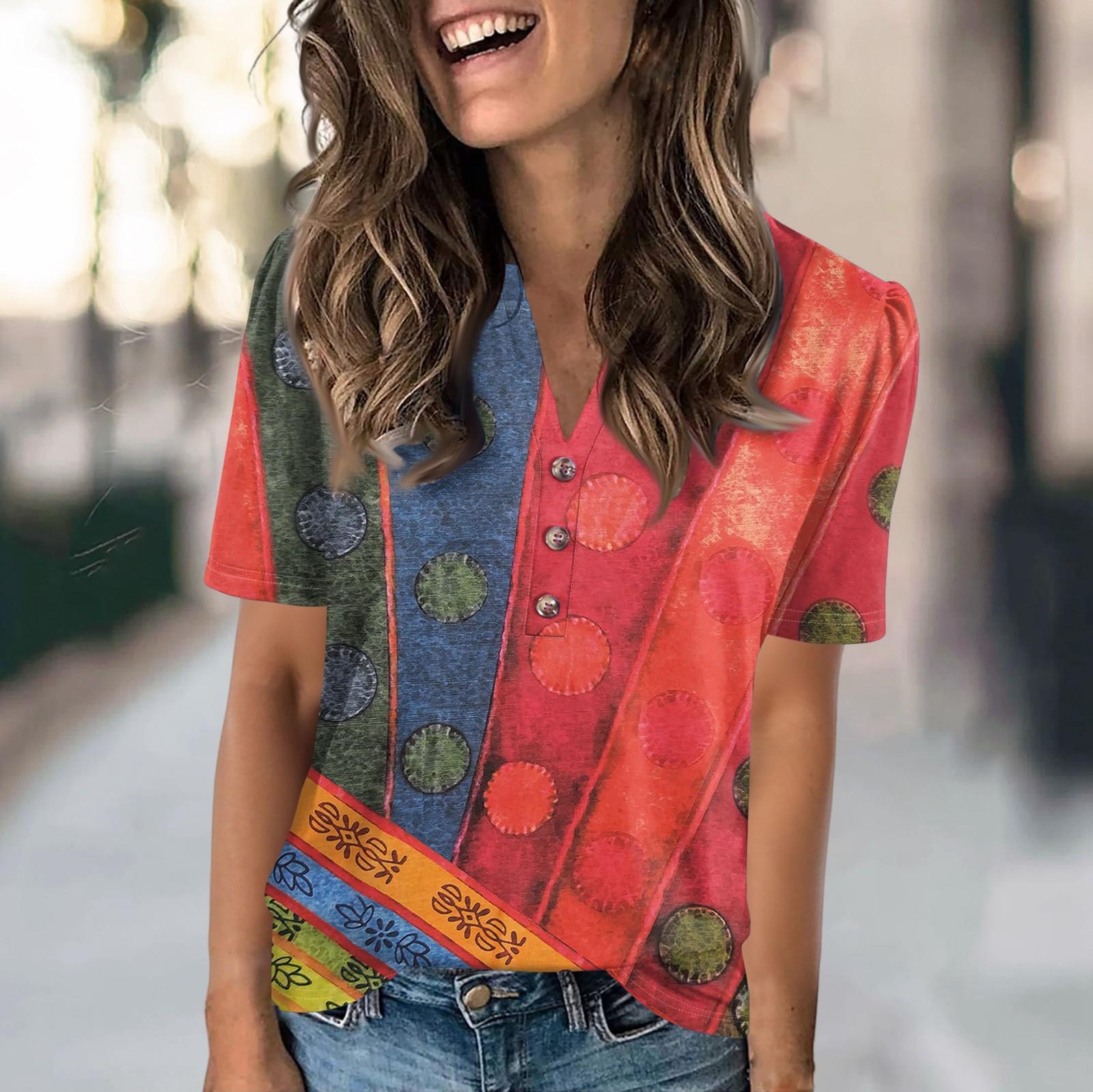 

Женская модная повседневная футболка с цветными блоками и принтом в виде V-образного выреза с коротким рукавом и пуговицами XL арбуз красный