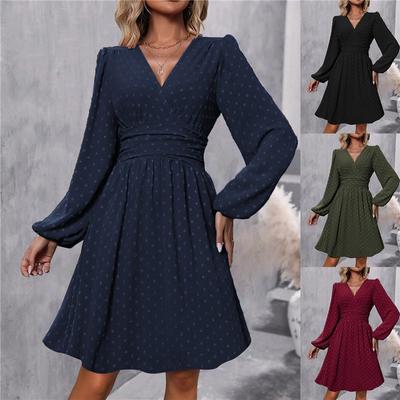 Novo Vestido Básico Jacquard Feminino com Decote em V e Mangas Bufantes, Manga Longa na Cintura, Estilo Elegante, Saia Longa Casual Simples