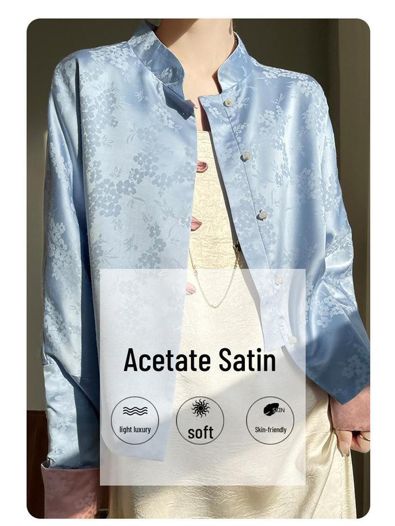 Women's Retro Satin Mandarin Collar Cardigan - Loose Fit, Light National Style Tang Jacket