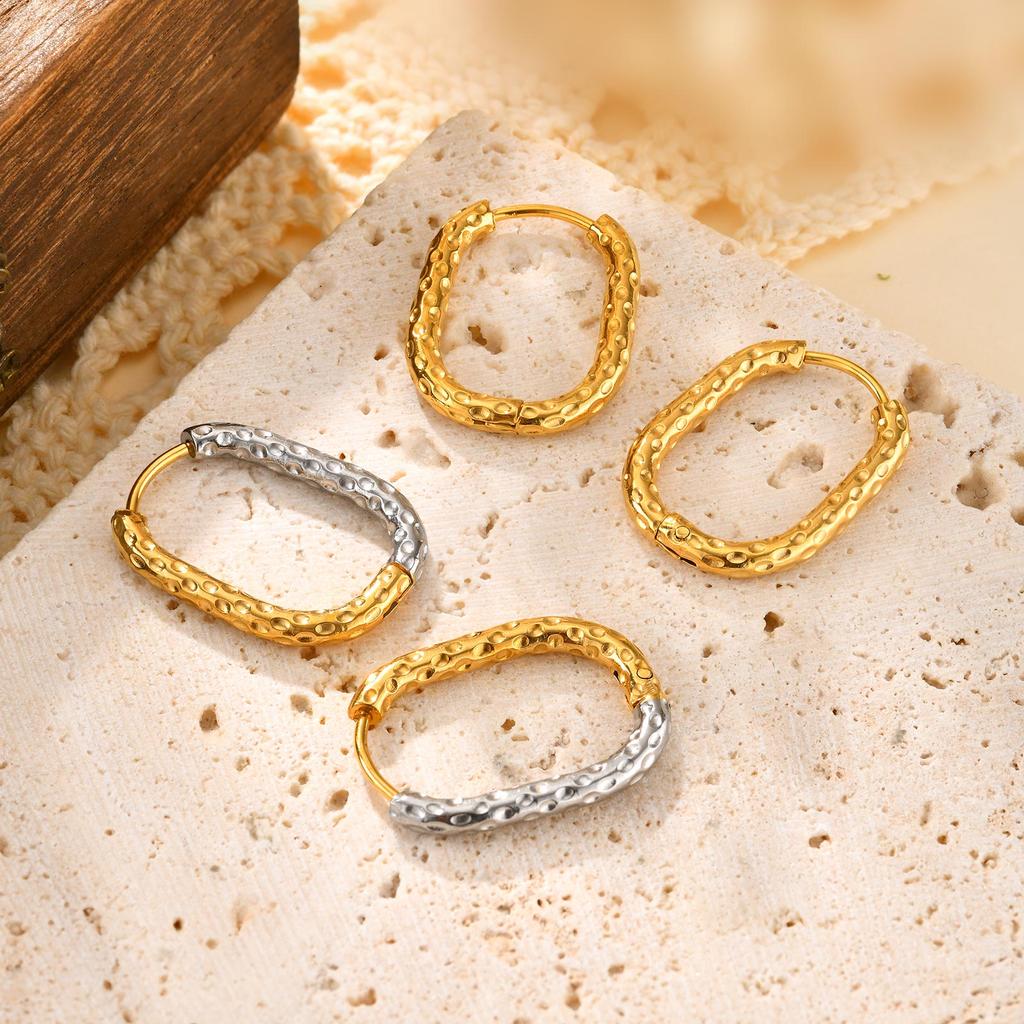 Minimalist U-shaped Earrings for Women, Gold Silver Color Hammer Pattern Stainless Steel Hoop Earrings, Trendy Jewelry Gifts
