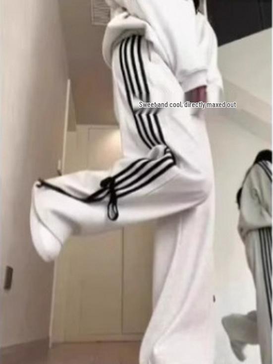 Korean Spicy Girl High Waist Bow Wide-Leg Striped Sport Pants for Women