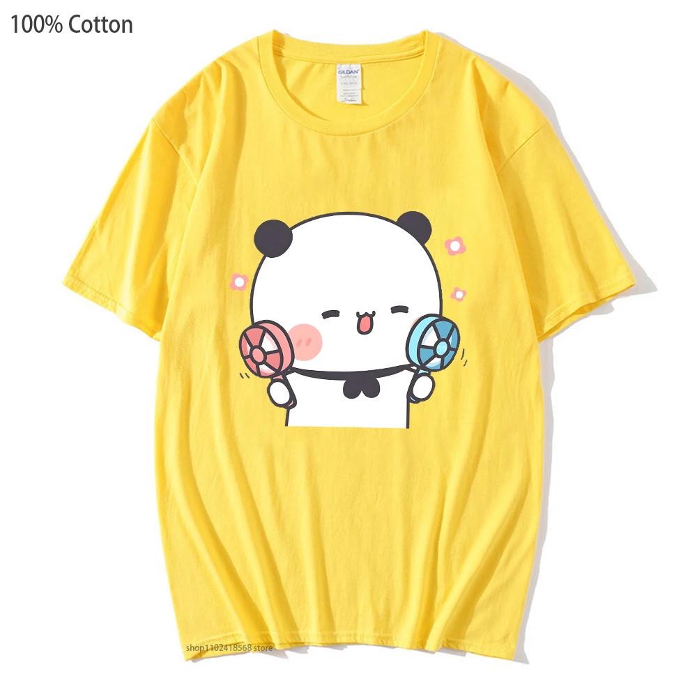 

Happy Bubu Is Using Mini Fans T-Shirts Panda Bear Clothes for Girls Tshirt Women Tops Short Sleeve 100% Cotton Tee Casual 3XL