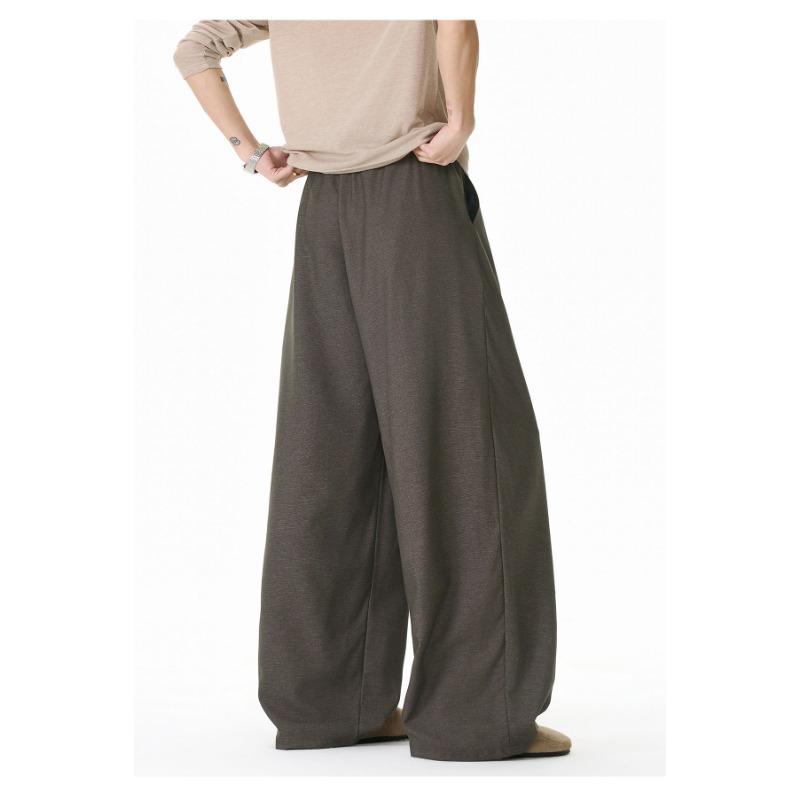 Mens Loose Draped Double Pleated Waist Straight Casual Long Trousers