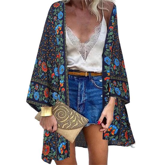 Women Cardigan Floral Print Batwing Sleeve Summer Bohemian Sun Protection Long Blouse for Daily Wear