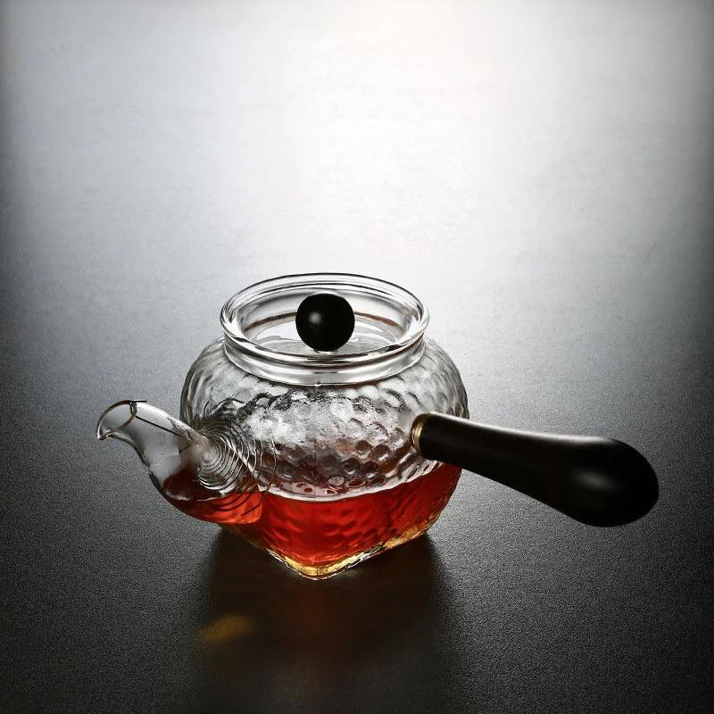 Japanese Style Heat Resistant Hammer Pattern Square Bottom Glass Teapot Side Handle Wooden Kungfu Tea Set Tea Pot With Filter