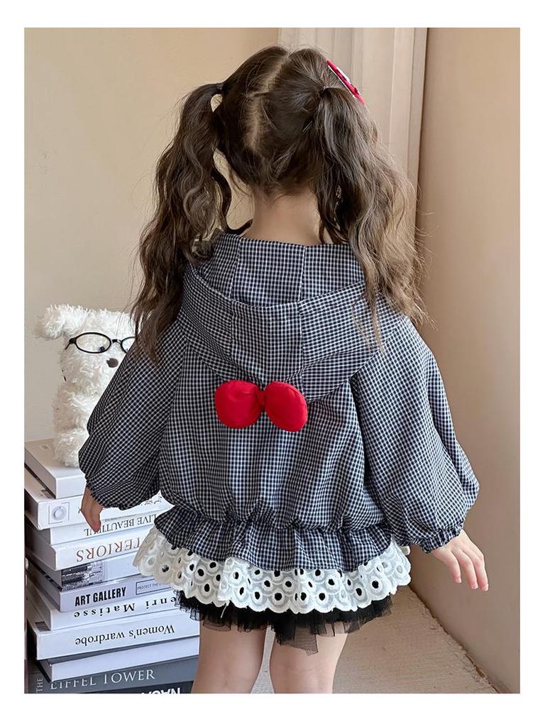 Girls' Plaid Lace Trim Hooded Jacket - Fall 2025 Korean Style