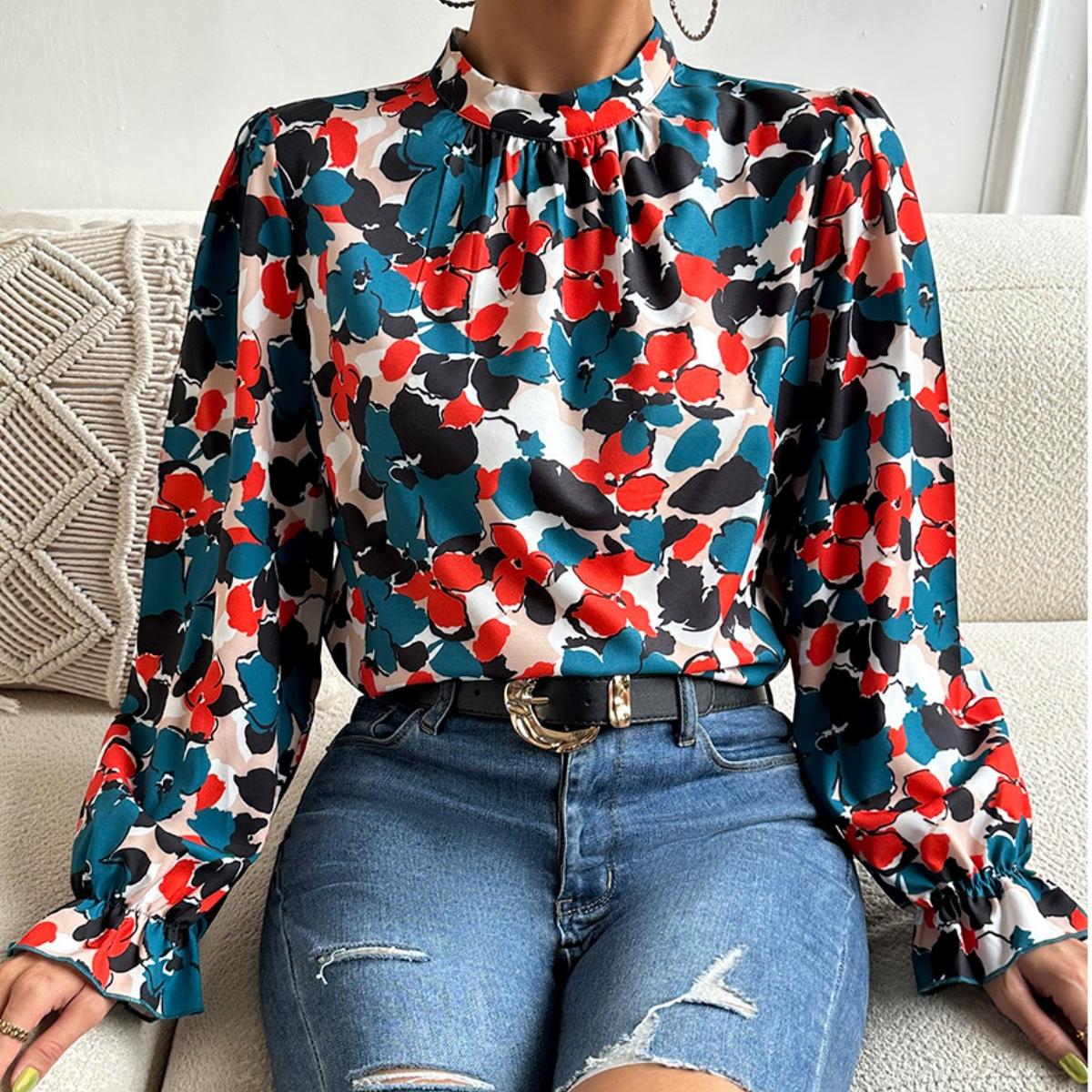 

GMXIA Топ с длинным рукавом с принтом, весна-лето, отдых, праздничная рубашка с расклешенными рукавами, модное женское платье XL зелёный