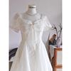 French gentle and sweet wind mesh stitching beautiful and unique temperament waist puffy short skirt jacquard short sleeve dress
